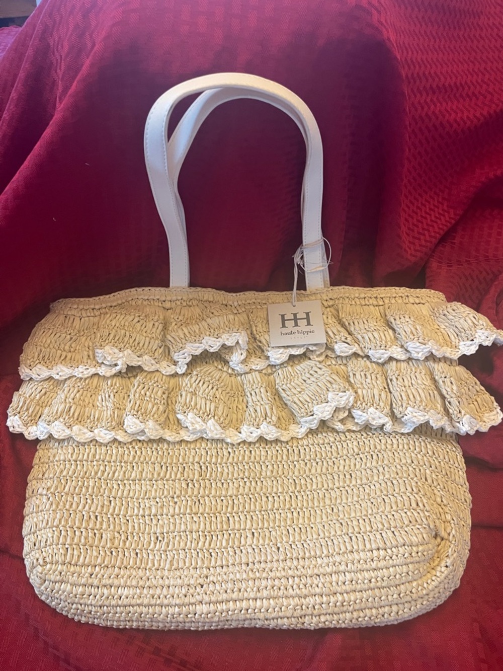 Haute Hippie Cream Ruffle Straw Tote with White Handles
